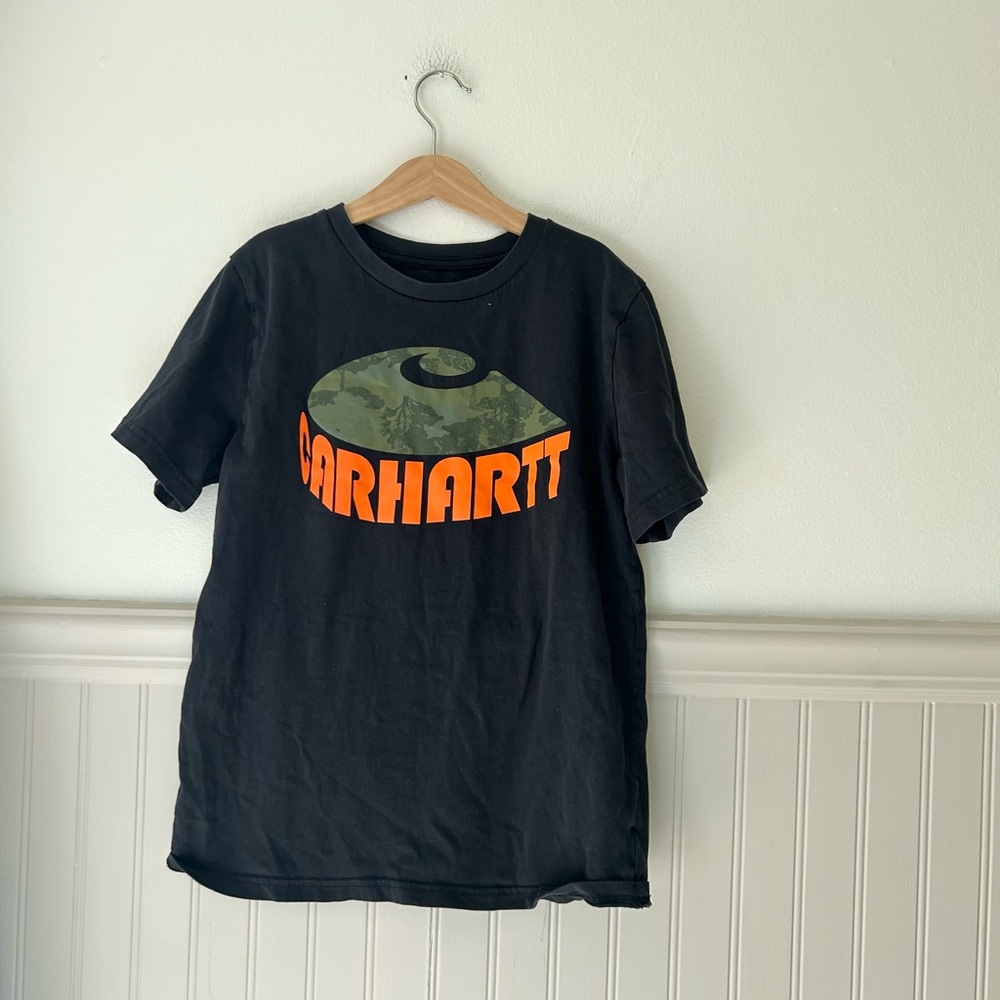 Carhartt Kids Boys Medium 10/12 Black Orange Green Camo Logo Cotton Tee